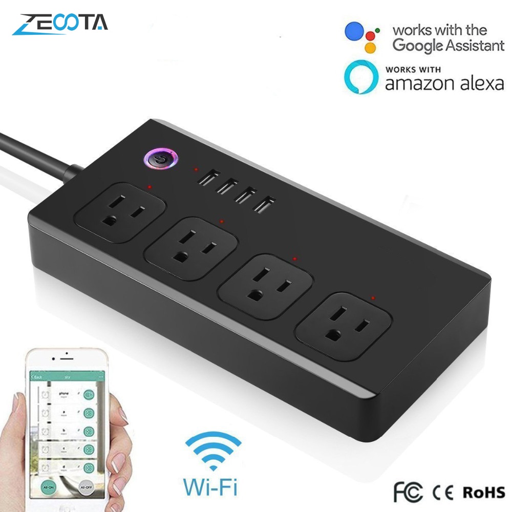 WiFi Power Strip Surge Protector Smart 4 way Outlet Plug 4 USB Ports Voice Wireless Remote Control by Alexa Echo Dot Google Home