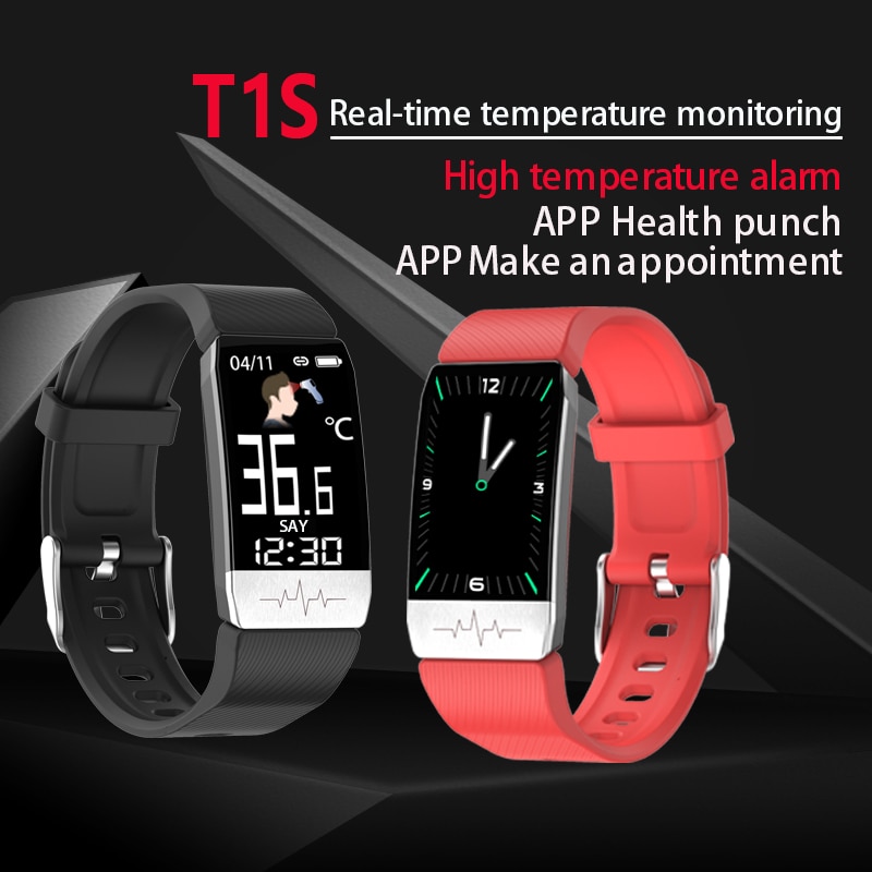 T1S Thermometer bracelet With Temperature Immune Measure Heart Rate Blood Pressure Monitor Weather Forecast Drinking Remind